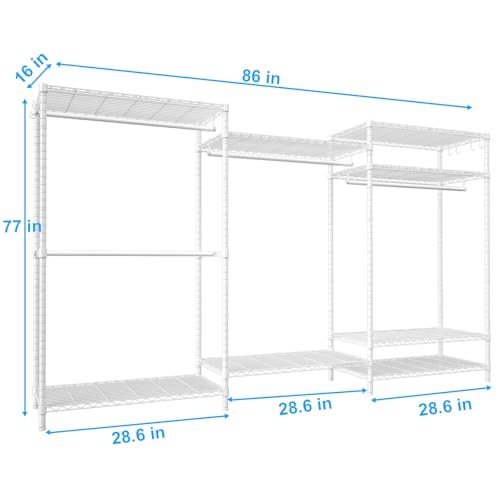 Ulif E13 Max Heavy Duty Clothes Rack（With 4 Hanger Rods & 8 Shelves） Freestanding Clothing Racks for Hanging Clothes，Adjustable Closet，Metal Garment Rack 86" W x16 D x77 H，Max Load 1100LBS，White - color: White, size: E13 Max
