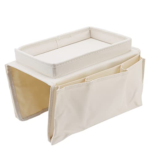 Couch Sofa Armrest Organiser Arm Chair Caddy Bedside Storage Pocket,600D Oxford Cloth Side Pockets Sofa Arm Table Armrest Tray TV Remote Holder Bed Storage Pocket (Beige) - color: Beige