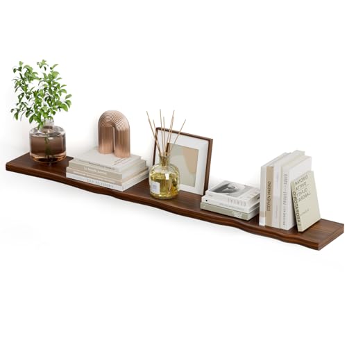 Floating Shelves for Wall Rustic Farmhouse 55 Inch Floating Shelf Bathroom Wooden Shelves for Wall Mounted Live Edge Pine Shelf with Unique Natural Grain for Living Room Bedroom Kitchen (Walnut) - color: Walnut, size: 55 inch - 1pc