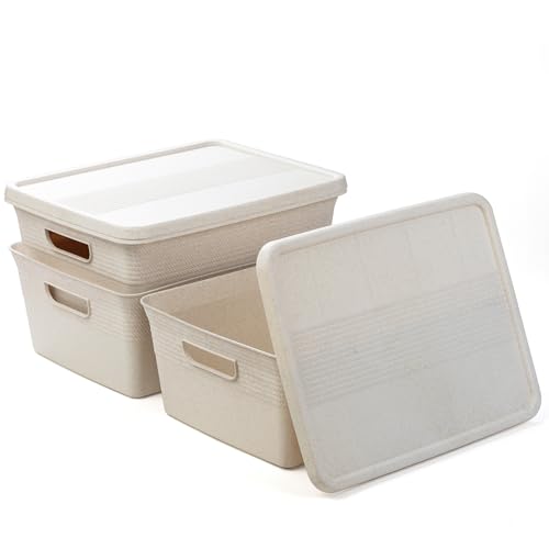 BINO | Plastic Storage Bins with Lids, 13 Liter - 3 Pack, Natural | THE BRAIDED COLLECTION | Plastic Bins for Organization Woven Storage Baskets for Organizing Pantry Shelf Organizer Basket Bin - color: Natural, size: 13L | 3-Pack