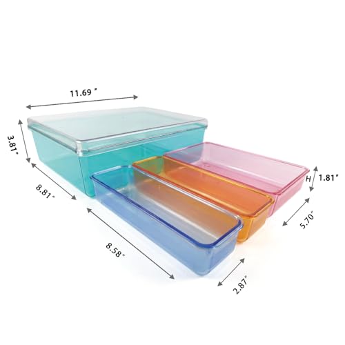MOSSRIVER 4 Pack Clear Drawer Organizer Set, Plastic Desk Organizer Bin with Lid & Trays, Colorful Storage Box with Removable Trays for Cosmetics, Jewelry, Bedroom, Bathroom, Office, Combo 11 - color: Color 11