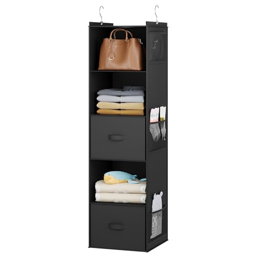 YOUDENOVA Hanging Closet Organizer, 5 Tier Hanging Closet Shelves with 6 Side Pockets and 2 Drawers, Black - color: Black