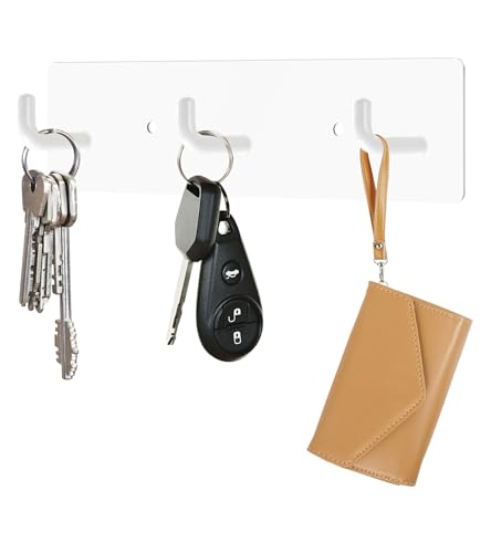 RELBRO Key Holder Wall Mount, Small Metal Self Adhesive Key Rack with 3 Hooks, 2 Installation Options, White - color: White
