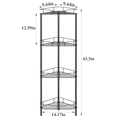HuggieGems 4 Tier Floor Standing Corner Shower Caddy Organizer Shelf with Hooks, Bathroom Shelves Stand Rack, Black - color: Black, size: 4 Tier