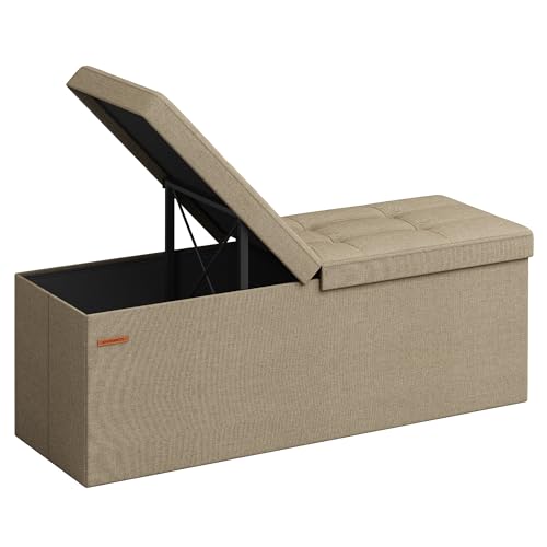 SONGMICS Mazie Collection - 43 Inches Storage Ottoman, Foldable Storage Bench with Flipping Lid, 660 lb Load Capacity, for Entryway, Living Room, Bedroom, Camel Brown ULSF076K01 - color: Camel Brown, size: 15"D x 43"W x 15"H