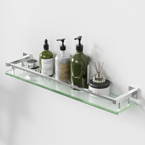 Alise Glass Bathroom Shelves Wall Mounted, 24 Inch Tempered Floating Shelves Bathroom, Stainless Steel Bathroom Glass Shelf - color: Brushed Nickel, size: 24 Inch