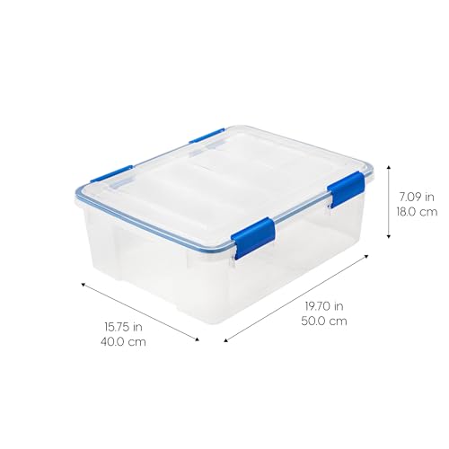 IRIS USA WeatherPro 27 Qt Storage Bins with Lids, 3 Pack, BPA-Free Plastic Gasket Box with Tight Latch and Seal, Stackable Nestable Tote Tub - Clear/Blue - size: 27 Qt. - 3 Pack
