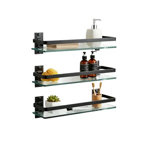 AIJALY 3 Pack Bathroom Glass Shelf,Aluminum Tempered Glass 0.3in Extra Thick Rectangular 1 Tier Storage Organizer Wall Mount,Black 15.7in - color: Black 3 Pack