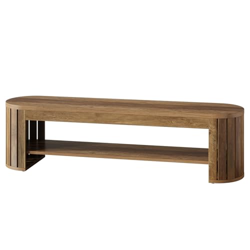 Tribesigns 63" Wooden Entryway Bench with Shoe Storage, Long 2-Tier Narrow Shoe Bench with Arc Vertical Slat Splicing Legs, End of Bed Stool for Bedroom, Entrance, Living Room (Brown) - color: Brown