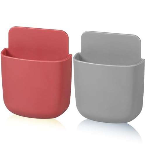 Remote Control Holder, Wall Mount Pen Holder Hole-Free Self Adhesive Phone Charging Organizer Pencil Storage Containers for Home Office School Supply Orgaizer(Red,Grey,2Pcs) - color: Red,Grey,2Pcs