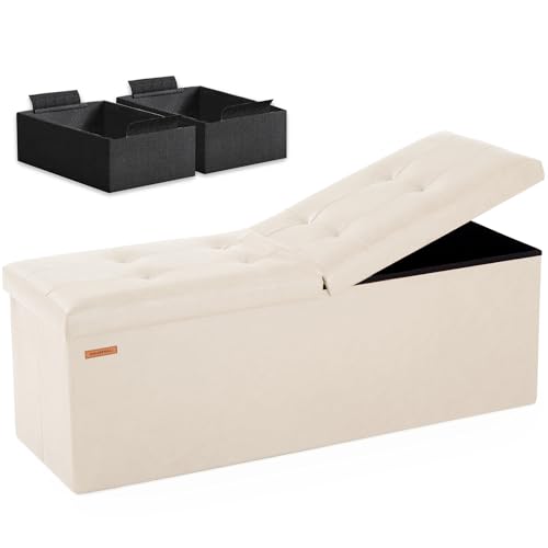 HAUSFRAU Storage Ottoman Bench with Flipping Lid, 43.3 Inches Storage Chest Footsrest, Folding Foot Stool for Entryway, Living Room, Bedroom, Synthetic Leather Ivory - color: Ivory, size: 15"D x 43.5"W x 15"H