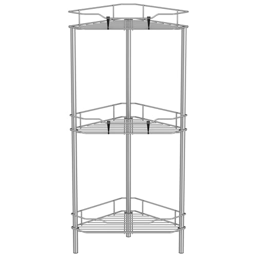 HuggieGems 3 Tier Floor Standing Corner Shower Caddy Organizer Shelf with Hooks, Bathroom Shelves Stand Rack, Gray - color: Gray, size: 3 Tier