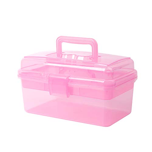 BangQiao Multipurpose Plastic Storage Container Organizer Box Case with Removable Tray and Handle for Art, Craft, Sewing Supplies, Clear&Pink - color: clear/pink