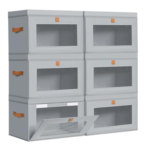 DIMJ Storage Bins with Lids - 6 Pack Large Fabric Closet Organizer with Window & Handles, Collapsible Decorative Storage Boxes for Shelves Under Bed, Books Clothes Blankets Sweaters Organization - color: Gray, size: Large-6 Pack