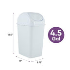 Superio Medium Trash Can with Lid 4.5 Gallon Plastic Swing Top Garbage Can Slim Waste Bin for Under Sink/Cabinet, Laundry Room, Kitchen, Office, Bedroom, Bathroom, College Dorm, 18 Qt, White, 2 - size: 4.5 Gallon, style: 2 Pack