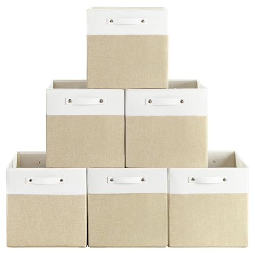 FinishingBo 13 x 13 Inch Fine Linen Storage Bins with Handles，Fabric Cube Boxs，Basket Organizers for Shelves for Home, Closet Drawers (White/Khaki-6 Pack) - color: White/Khaki-6 Pack