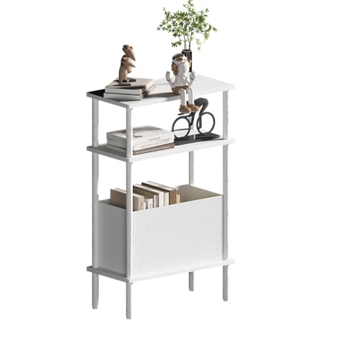 Narrow Side Table with Fabric Basket, End Table for Small Spaces, Slim Nightstand with 3-Tier Storage Shelf, Sofa Beside Table, for Living Room, Bed Room, Natrual White - color: Natrual White