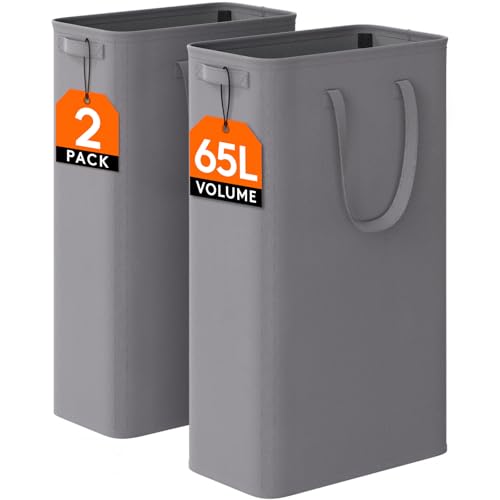 Lifewit 2 Pack Slim Laundry Hamper, Collapsible Narrow Laundry Basket, Small Tall Dirty Clothes Hampers with Handles for Bathroom Bedroom College Dorm, Grey, 65L - color: Gray