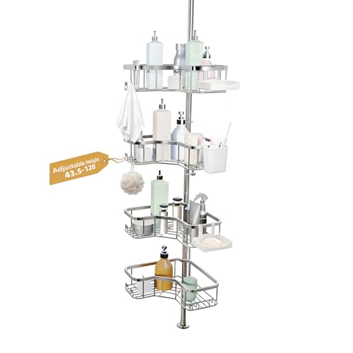 Corner Shower Caddy Tension Pole, 4 Tier Rust-Resistant Adjustable Bathroom Organizer Shelves, Bathtub Storage Rack with Soap Holder, No-Drill Install, Floor to Ceiling Rod 47-121 Inch, Silver - color: Silver
