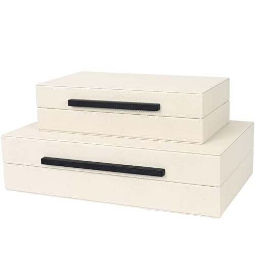 Beige Shagreen Decorative Storage Boxes – Set of 2 Faux Leather Jewelry & Memory Boxes with Black Metal Handles, Nesting Photo Organizers for Home Decor, Gift, and Office Organization - color: Beige+Black Handles, size: 2 pack