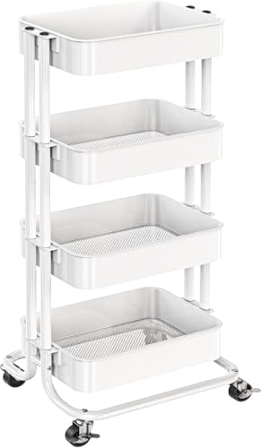 Pipishell 4 Tier Metal Rolling Utility Cart, Heavy-Duty Storage Rolling Cart with 2 Lockable Wheels, Multifunctional Mesh Organization Utility Cart for Kitchen Dining Room Living Room, PIUC13W - color: White, size: 4 Tier