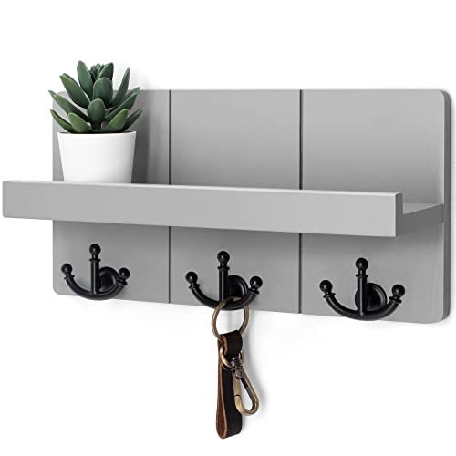 Rebee Vision Decorative Key Holder for Wall: Stylish Farmhouse Mail Organizer Wall Mount with Floating Shelf and 3 Anchor Key Hooks - Rustic Home Decor for Entryway (Light Gray) - color: Gray