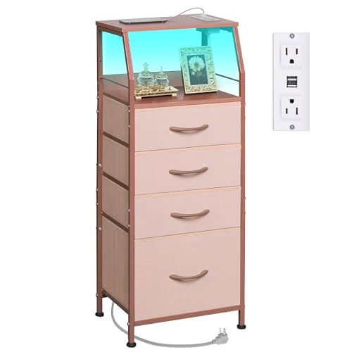 WLIVE 4 Drawer Dresser for Bedroom, 37" H Nightstand with Charging Station and Led Light, Tall Night Stand Bed Side Table, End Table with USB Ports and Outlets, Fabric Bins, Wood Shelf, Pink - color: Pink, size: 4 Drawers