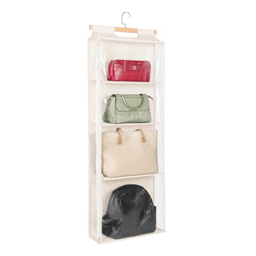 Syeeiex Over The Door Purse Organizer with Zippers, 4 Mesh Shelves,Clear Slubbed Fabric+PVC Hanging Closet Bag Organizer, Dustproof Handbag Closet Tote Storage Bag for Door, Wardrobe, Beige - color: Beige-4 Shelves