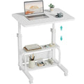 WINAZ Small Bedroom Laptop Rolling Desk - 24" White Mobile Kids Desk with Wheels for Small Spaces, Height Adjustable C Shaped Side Table with 2-Tier Storage Shelves - color: White