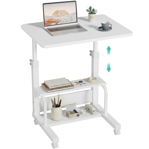 WINAZ Small Bedroom Laptop Rolling Desk - 24" White Mobile Kids Desk with Wheels for Small Spaces, Height Adjustable C Shaped Side Table with 2-Tier Storage Shelves - color: White