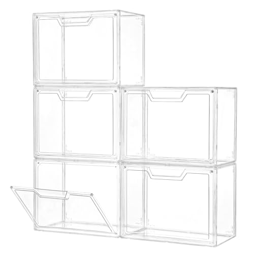 Freebat Stackable Storage Bins, Clear Acrylic Display Case, 5-Pack Acrylic Boxes with Lids, Clear Storage Containers Storage for Handbags, Collectibles & Figures - size: 5pack