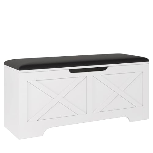 DreamDashio Farmhouse Storage Bench with Lift Top Storage, 39.4" Entryway Bench with Cushioned Seat, End of Bed Bench, Wooden Storage Chest Trunks, for Bedroom, Living Room, Entryway, White