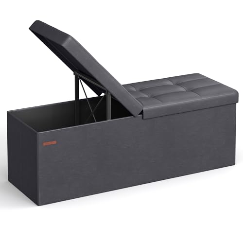 SONGMICS MAZIE Collection - 43 Inches Storage Ottoman Bench with Flipping Lid, Storage Chest with Iron Frame Support, Load 660 lb, for Living Room, Bedroom, Synthetic Leather, Dark Gray ULSF075G01 - color: Dark Gray, size: 15"D x 43"W x 15"H