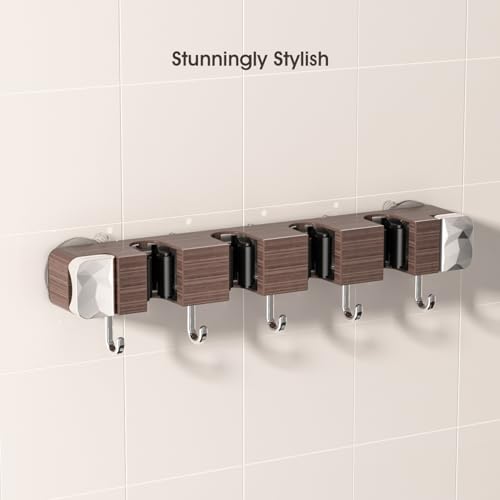Suction Cup No Drilling Broom Holder Wall Mount, Walnut Color Mop Organizer Wall Hanging, 4 Racks 5 Hooks Tool Organizer Hanger Self Adhesive for Home, Garage, Garden, Laundry, Kitchen