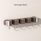 Suction Cup No Drilling Broom Holder Wall Mount, Walnut Color Mop Organizer Wall Hanging, 4 Racks 5 Hooks Tool Organizer Hanger Self Adhesive for Home, Garage, Garden, Laundry, Kitchen