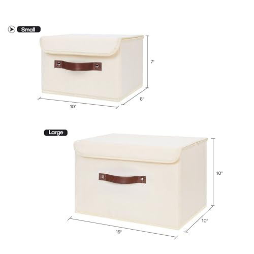 ANMINY Storage Bin with Lid Storage Boxes with PU Leather Handles PP Plastic Board Decorative Foldable Lidded Cotton Linen Fabric Home Cubes Baskets Closet Organizer Container - Beige, Small Size - color: Beige, size: Small (Pack of 1)