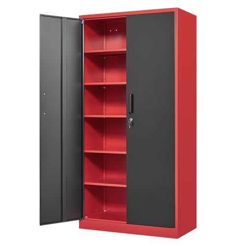 Yizosh Metal Garage Storage Cabinet with 2 Doors and 5 Adjustable Shelves - 71" Steel Lockable File Cabinet,Locking Tool Cabinets for Office,Home,Garage,Gym,School (Red Black) - color: Red Black, size: 71"H x 32"W x 16"D-A