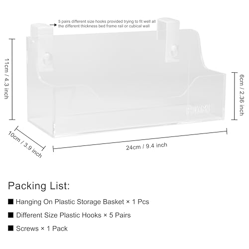 Bedside Caddy Hanging Storage Basket Little Size Plastic Beside Shelf Hang-on Storage Organizer for Collage Dorm Bunk Bed,Changing Table - Bedroom Essentials for Phone,Mini Speaker,Tissues (Clear) - color: Clear