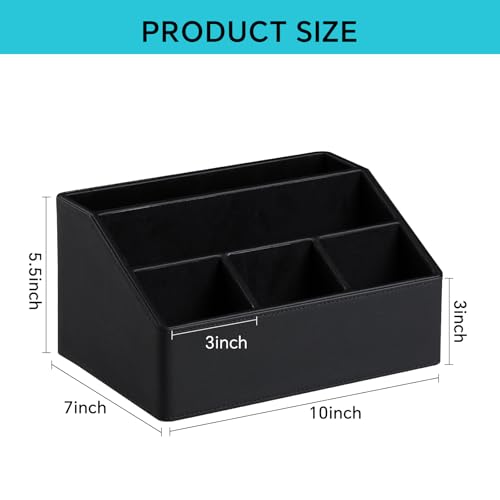 Remote Control Holder with 5 Compartments for Office Art Supplies, PU Leather Nightstand Organizer Pencil Pen Desk Caddy for Home, Desktop TV Remote Control Organizer Storage (Black) - color: Black