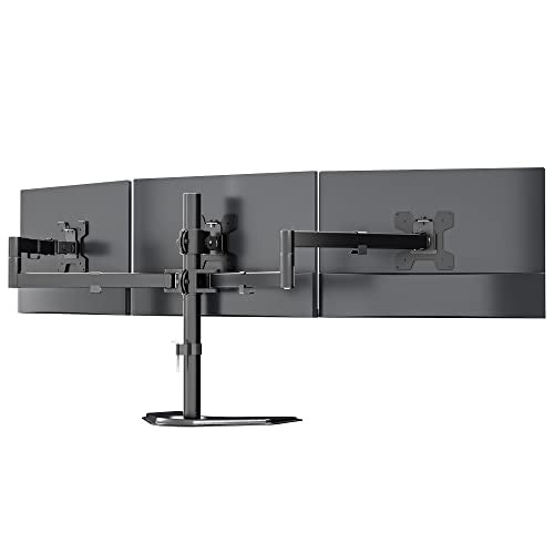 WALI Triple Monitor Stand, Free Standing Three LCD Monitor Fully Adjustable Desk Mount Fits 3 Screens up to 27 inch, 22 lbs Weight Capacity per Arm (MF003), Black - size: Triple, style: Free-Standing