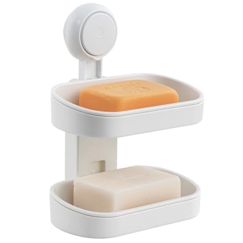LEVERLOC Soap Dish Holder for Shower, Double Layer Suction Cup Wall Mounte Self Draining Removable Waterproof Strong Suction Bar Soap Holder for Shower, White - style: 2 tiers White
