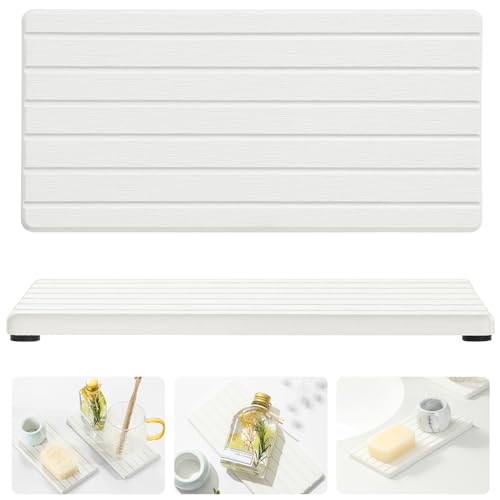 2PCS Water Absorbing Stone Drying Tray Mat for Bathroom Sink & Kitchen Counter Faucet Organizer, Quick Dry Dish Rack Soap Dispenser Sponge Holder, Vanity Sink Caddy Bar Coaster, Ivory White 8“x 4” - color: 2pcs - 8"x 3.8" - Ivory White