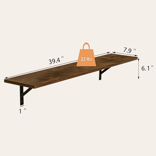 DINZI LVJ Long Wall Shelves, 39.4Inch Wall Mounted Shelves Set of 2, Easy-to-Install, Wall Storage Ledges with Sturdy Metal Brackets for Living Room, Bathroom, Bedroom, Kitchen, Rustic Brown - color: Rustic Brown, size: 39.4 Inch