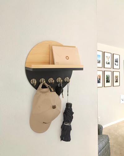 Gurfuy Key Holder for Wall with Shelf - Wood Mail Organizer and Rack with Shelf Hooks Wall Mounted for Entryway Decor Magazines Letter Storage Farmhouse Living Room Bedroom Doorway Black - color: Black