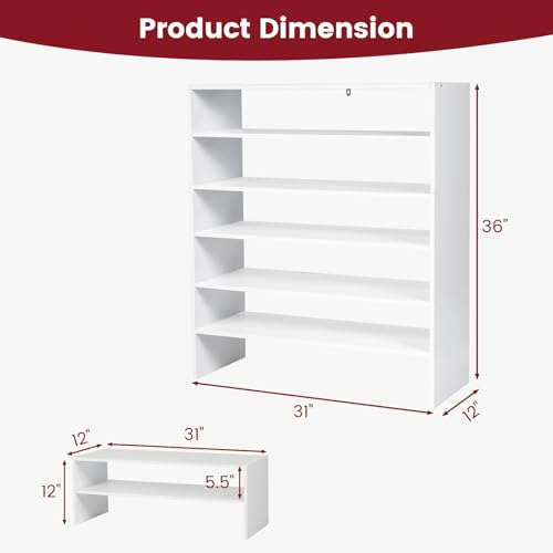 Tangkula 6-Tier Stackble Shoe Rack for Closet, Space Saving Wooden Corner Shoe Storage Shelf for 18 Pairs, 3-in-1 Adjustable White Shoe Organizer for Front Door Entryway - color: White