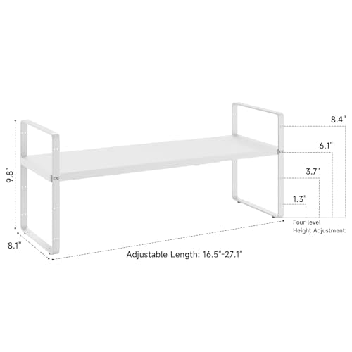 16.5~27.1" Expandable Shelf Organizer, 2Pack 8.1" Wide Stackable Cabinet Shelf Organizers, White Metal Sturdy Kitchen Counter Storage for Countertop, Adjustable Height Spice Rack - color: White, size: 2Pack-8''W-Holeless