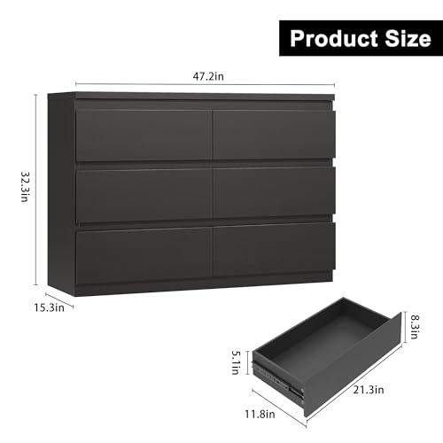 Jocoevol Modern Black 6 Drawer Dresser - Simply Chest of Drawers for Bedroom, Closet, Living Room, Hallway, Entryway, Wood Storage Double Dresser with Smooth Metal Rails - Black - color: Black