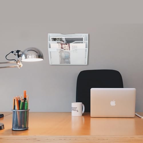 EASEPRES 3 Pocket Mesh Hanging Wall File Organizer, Wall Mounted Mail Paper Document Folder Holder, Clipboard Storage Organization Magazine Rack with Nametag Label for Office Home School, White - color: White, size: 3 Tier