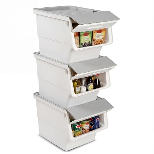 Giantex Plastic Stackable Storage Bins with Lids & Wheels, 3 Pack Open Front Stacking Bins, Organizer Bins for Pantry, Kitchen, Laundry, Closet, Playroom, Bedroom Organization （12.5 QT） - color: White + Gray, size: 3 Pack, 12.5 QT
