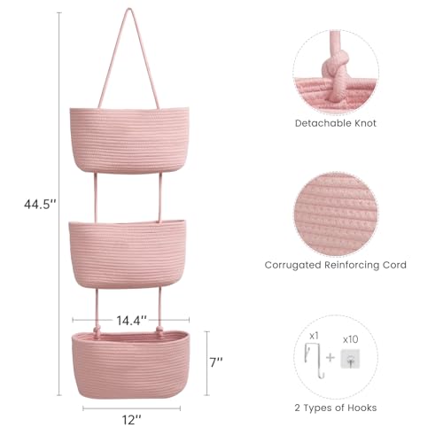 TeoKJ Over the Door Hanging Basket, 3-Tier Woven Cotton Wall-Mounted Storage Organizer Bag Decorative Hanging Nursery Baskets, Pink - color: Pink